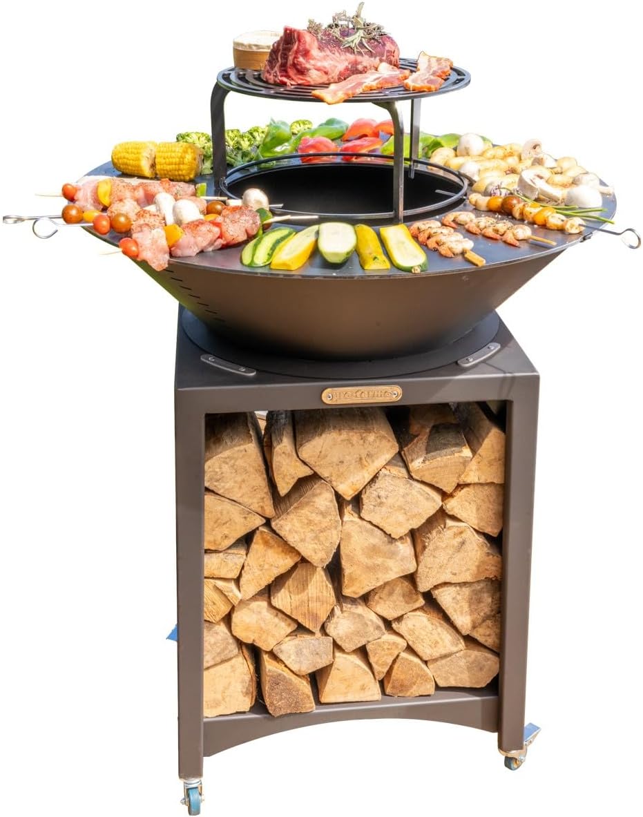 FEEST: Hoge schoorsteen met uittrekbare stalen plaat en grillrooster, buitenbarbecueplaat, Ø 75 cm