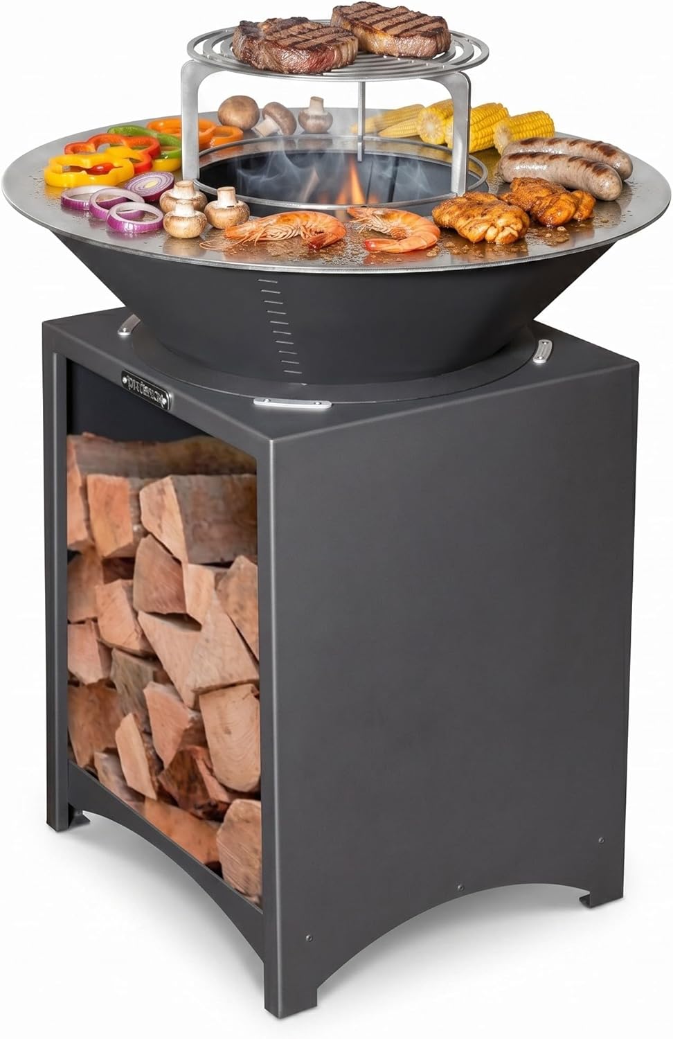 FEEST: Hoge schoorsteen met uittrekbare stalen plaat en grillrooster, buitenbarbecueplaat, Ø 75 cm
