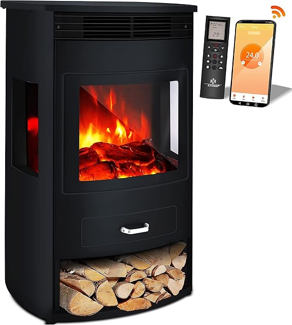 Chimenea eléctrica KESSER® Prio con calefacción y mando a distancia, 950/1900 W, efecto de llamas LED realista, ventana panorámica de tres lados, termostato y temporizador, chimenea de pie
