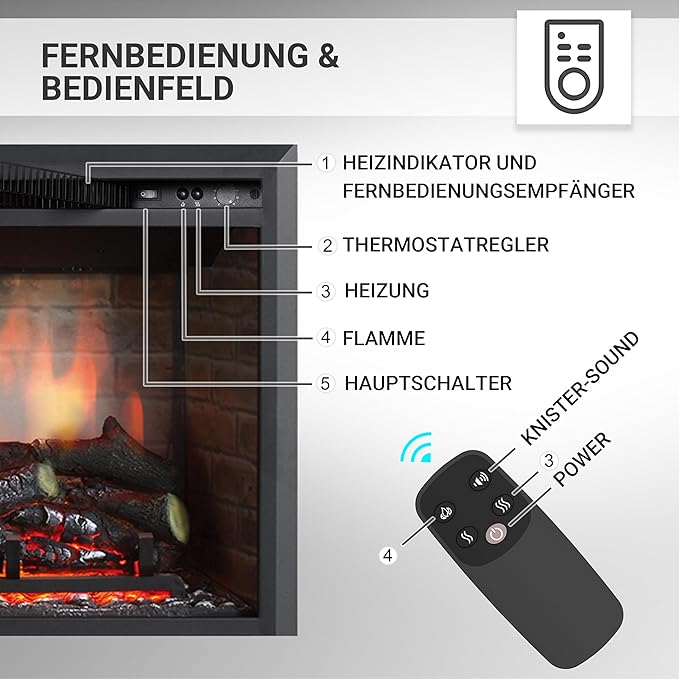 RICHEN EF4XC elektrische haard met verwarming: 3D-vlameffect en knisperend geluid, afstandsbediening, staande elektrische haard, zwart