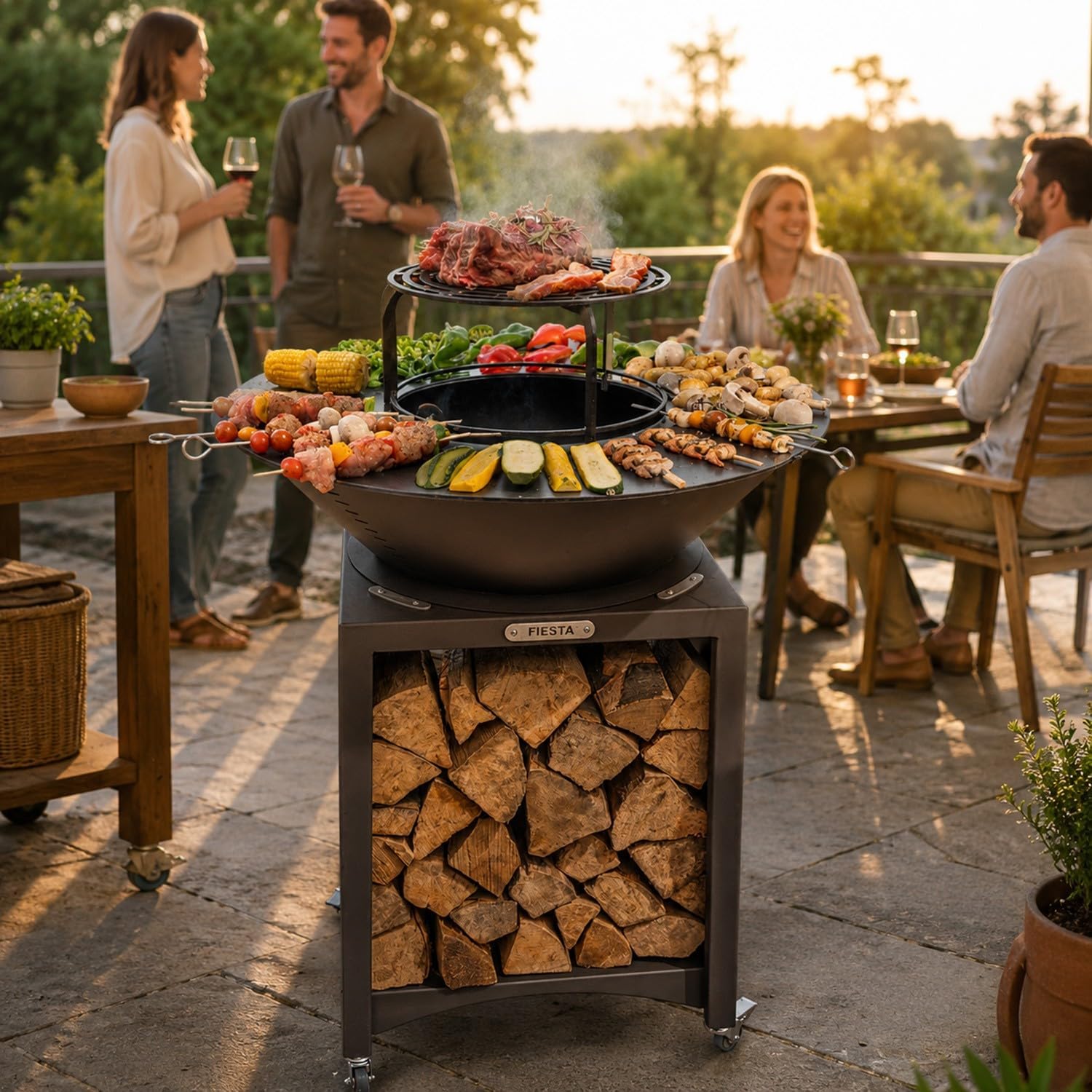 FEEST: Hoge schoorsteen met uittrekbare stalen plaat en grillrooster, buitenbarbecueplaat, Ø 75 cm