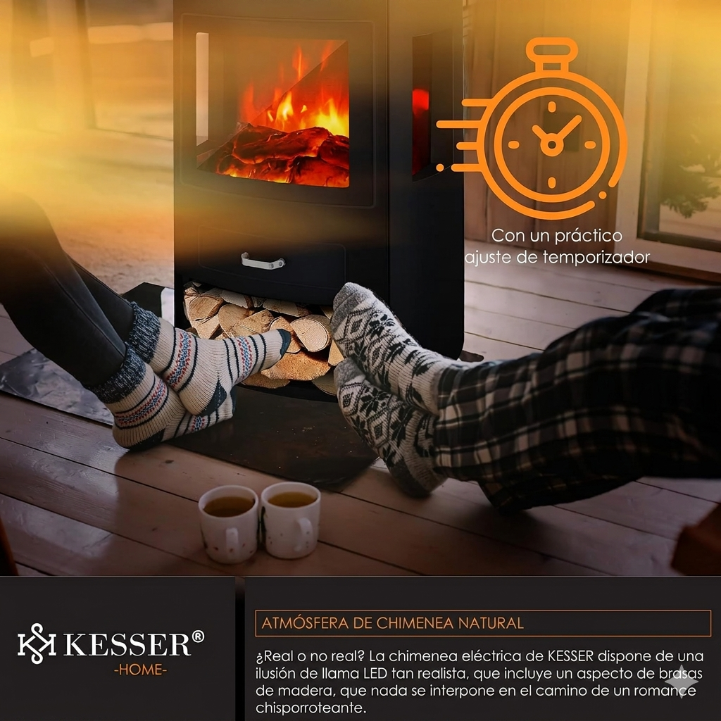 Chimenea eléctrica KESSER® Prio con calefacción y mando a distancia, 950/1900 W, efecto de llamas LED realista, ventana panorámica de tres lados, termostato y temporizador, chimenea de pie