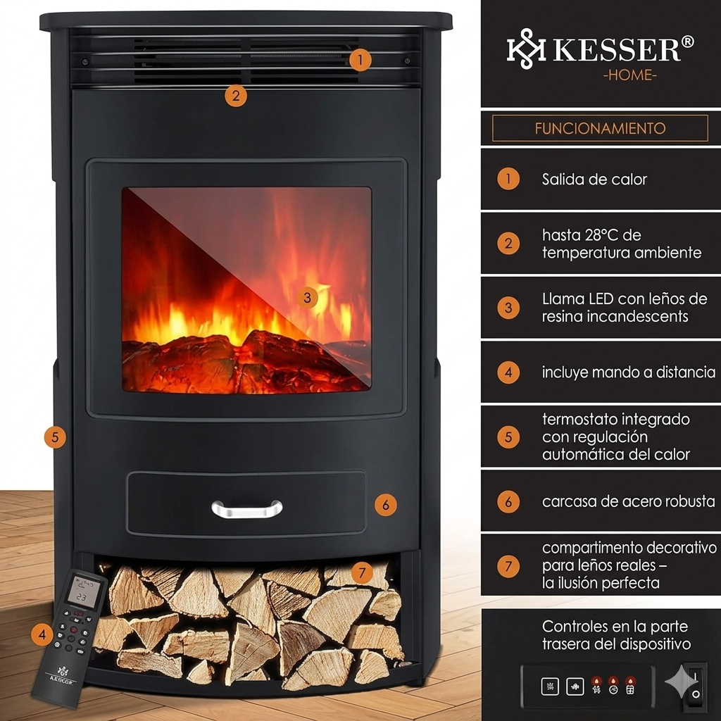 Chimenea eléctrica KESSER® Prio con calefacción y mando a distancia, 950/1900 W, efecto de llamas LED realista, ventana panorámica de tres lados, termostato y temporizador, chimenea de pie