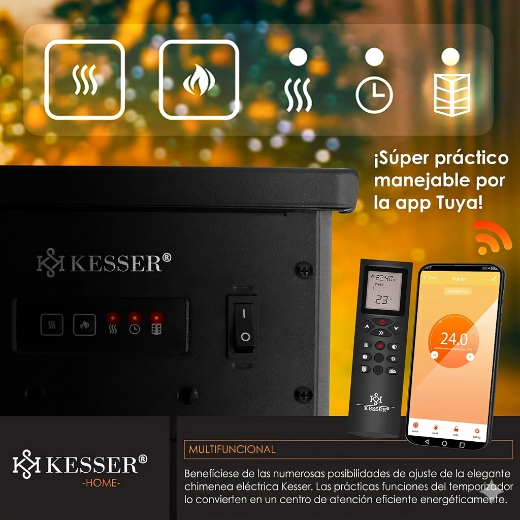 Chimenea eléctrica KESSER® Prio con calefacción y mando a distancia, 950/1900 W, efecto de llamas LED realista, ventana panorámica de tres lados, termostato y temporizador, chimenea de pie