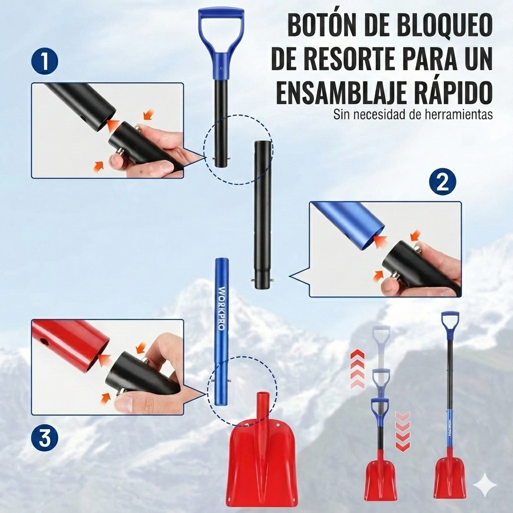 Pala para nieve de aluminio ajustable con mango telescópico y bolsa de transporte