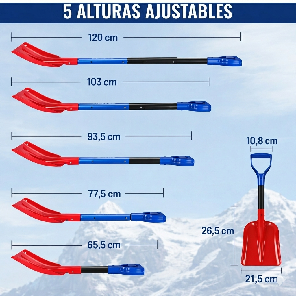 Pala para nieve de aluminio ajustable con mango telescópico y bolsa de transporte