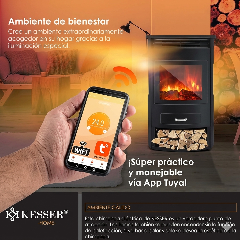 Chimenea eléctrica KESSER® Prio con calefacción y mando a distancia, 950/1900 W, efecto de llamas LED realista, ventana panorámica de tres lados, termostato y temporizador, chimenea de pie
