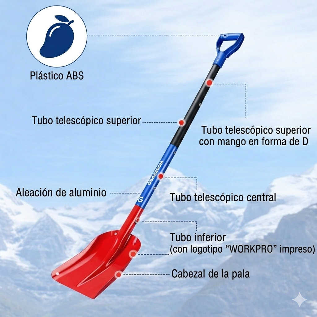 Pala para nieve de aluminio ajustable con mango telescópico y bolsa de transporte