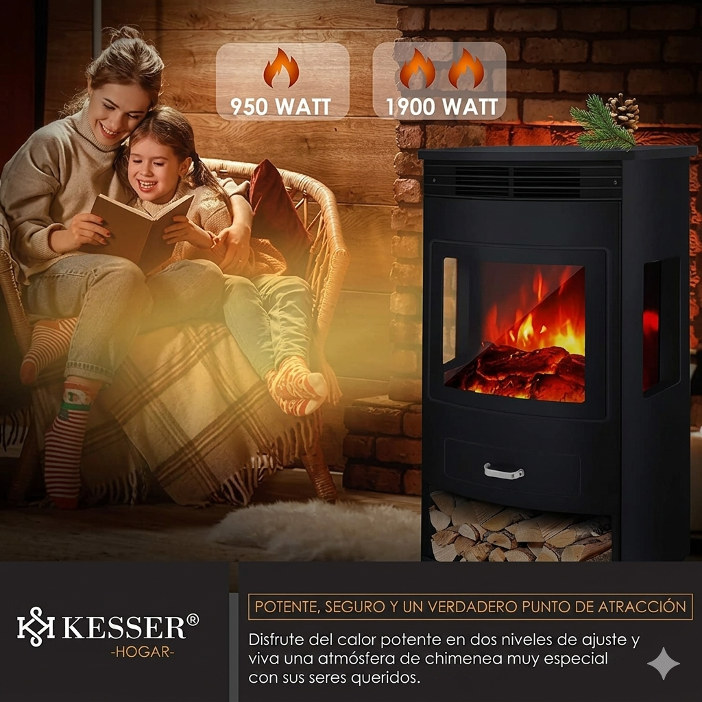 Chimenea eléctrica KESSER® Prio con calefacción y mando a distancia, 950/1900 W, efecto de llamas LED realista, ventana panorámica de tres lados, termostato y temporizador, chimenea de pie