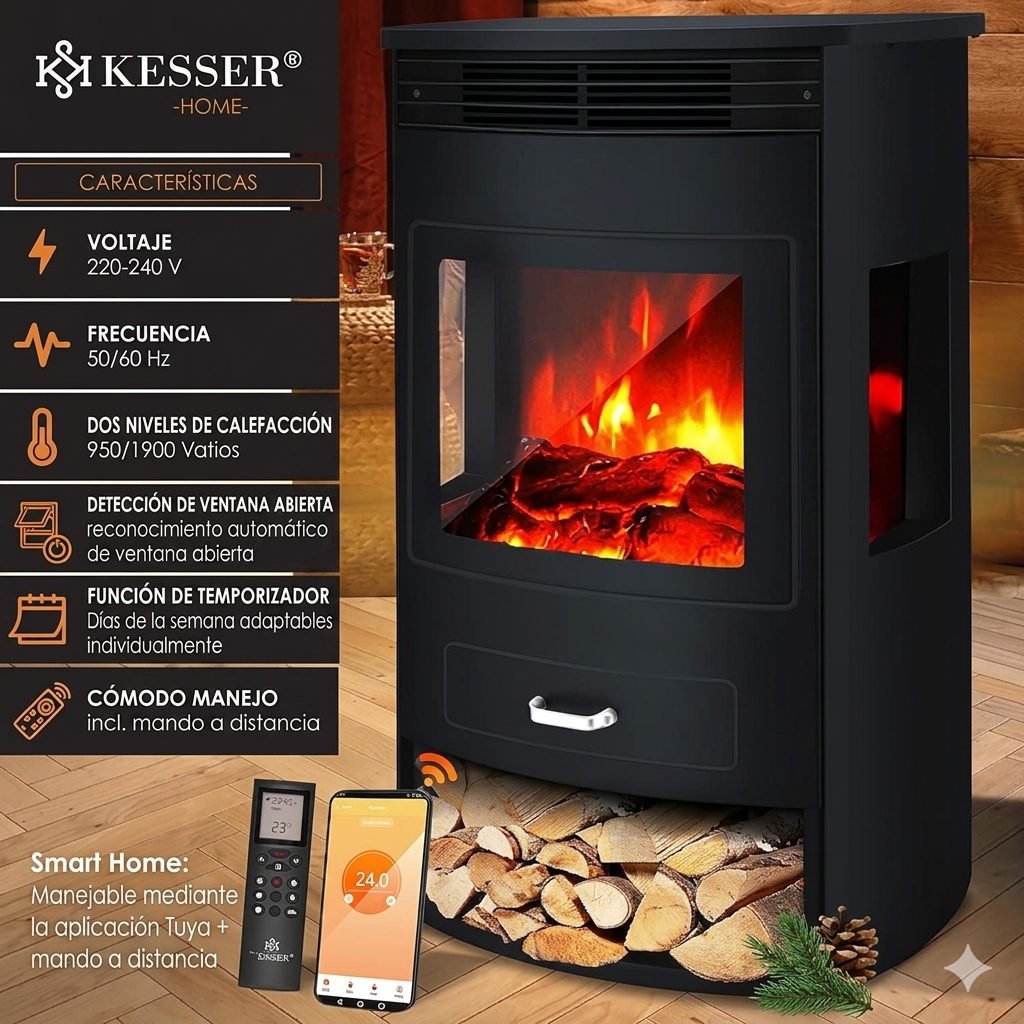 Chimenea eléctrica KESSER® Prio con calefacción y mando a distancia, 950/1900 W, efecto de llamas LED realista, ventana panorámica de tres lados, termostato y temporizador, chimenea de pie