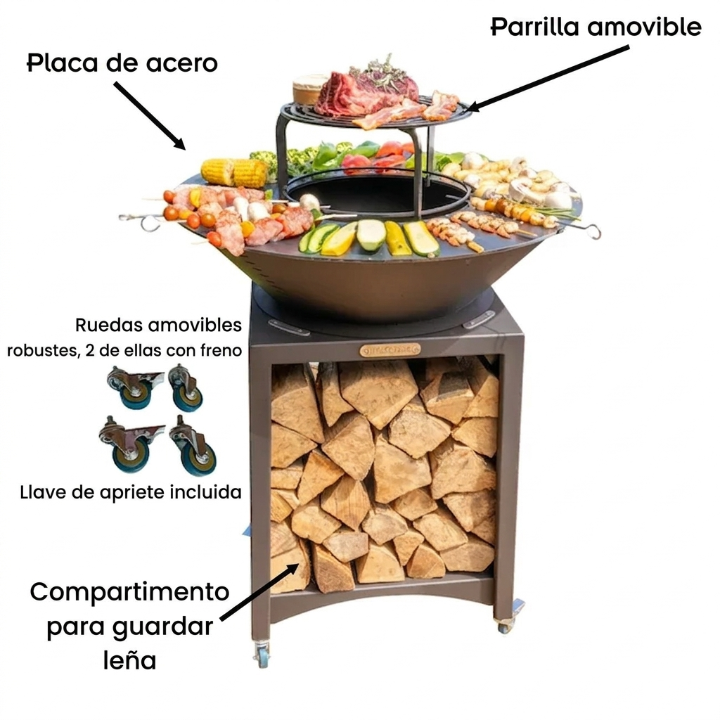 FIESTA: chimenea alta con placa de acero extraíble y rejilla para barbacoa, placa para barbacoa de exterior, Ø 75 cm