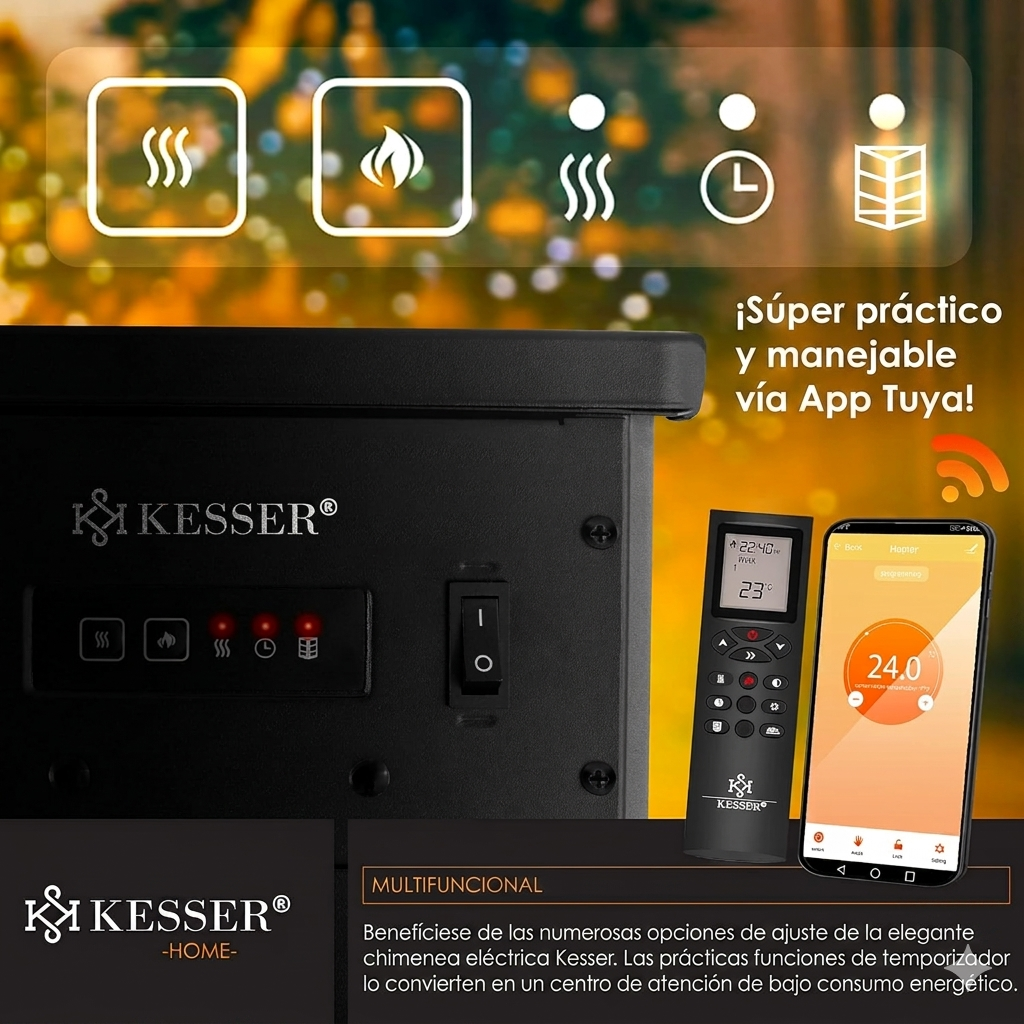 Chimenea eléctrica KESSER® Prio con calefacción y mando a distancia, 950/1900 W, efecto de llamas LED realista, ventana panorámica de tres lados, termostato y temporizador, chimenea de pie
