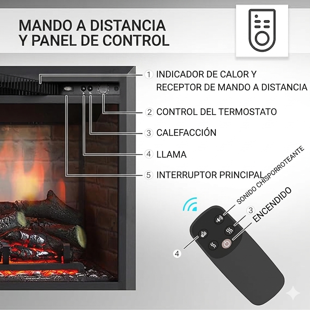 Chimenea eléctrica RICHEN EF4XC con calefacción: efecto de llamas en 3D y sonido de crepitar, mando a distancia, chimenea eléctrica de pie en color negro