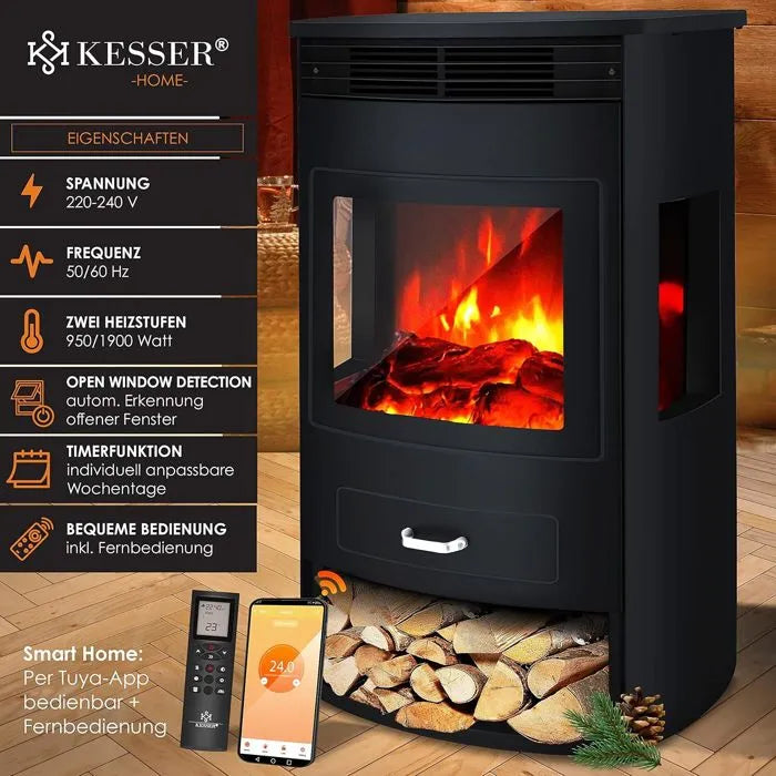 KESSER® Prio elektrische haard met verwarming en afstandsbediening, 950/1900 W, realistisch LED-vlameffect, driezijdig panoramavenster, thermostaat en timer, staande haard