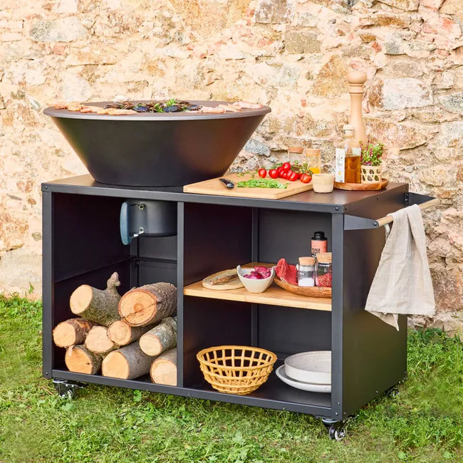 Hoguera Stromboli con función de barbacoa, 80 cm de diámetro – color negro, con parrilla y espacio de almacenamiento. Ancho 138 x Profundidad 82 x Altura 114 cm