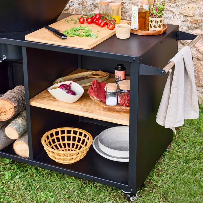 Hoguera Stromboli con función de barbacoa, 80 cm de diámetro – color negro, con parrilla y espacio de almacenamiento. Ancho 138 x Profundidad 82 x Altura 114 cm