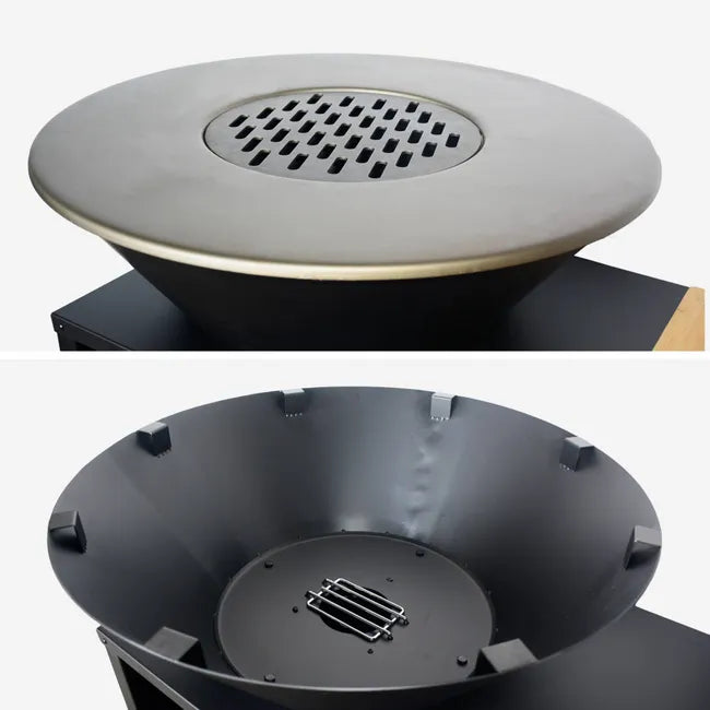 Hoguera Stromboli con función de barbacoa, 80 cm de diámetro – color negro, con parrilla y espacio de almacenamiento. Ancho 138 x Profundidad 82 x Altura 114 cm
