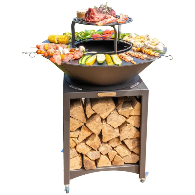 FIESTA: chimenea alta con placa de acero extraíble y rejilla para barbacoa, placa para barbacoa de exterior, Ø 75 cm