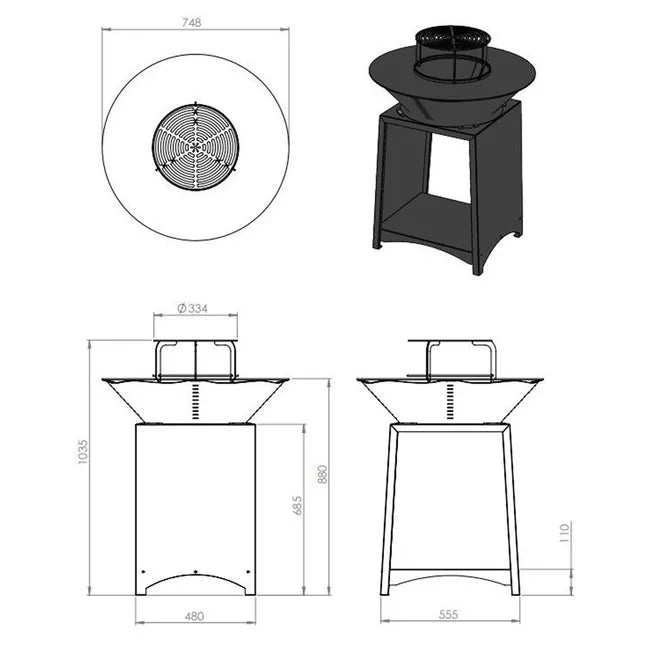 FIESTA: chimenea alta con placa de acero extraíble y rejilla para barbacoa, placa para barbacoa de exterior, Ø 75 cm