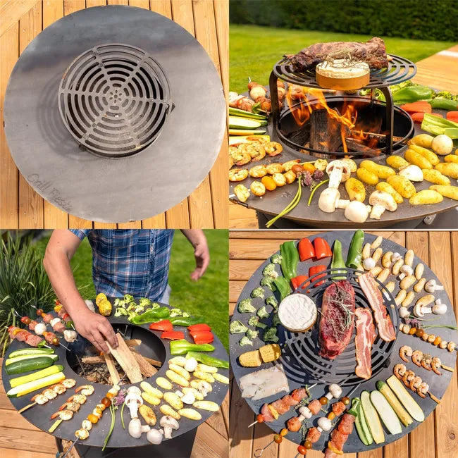 FIESTA: chimenea alta con placa de acero extraíble y rejilla para barbacoa, placa para barbacoa de exterior, Ø 75 cm
