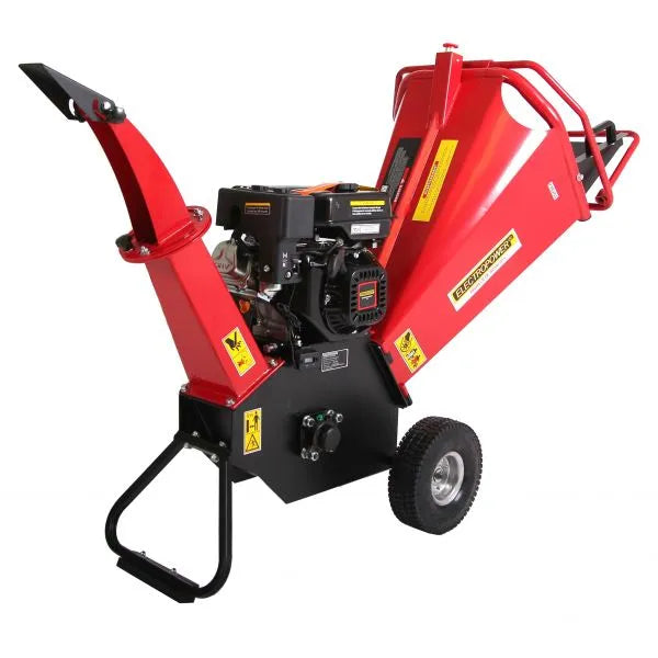 MOTOR ELÉCTRICO – Trituradora de ramas de gasolina OHV de 7 CV – Diámetro máximo: 100 mm – 2 cuchillas giratorias – Ruedas neumáticas – Conforme a la normativa CE