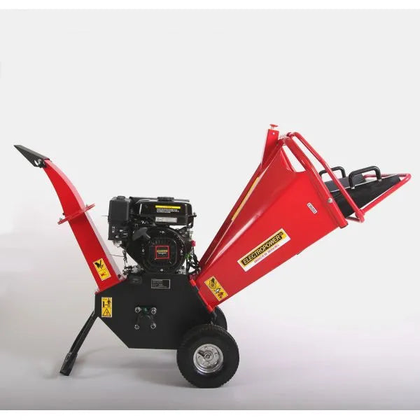 MOTOR ELÉCTRICO – Trituradora de ramas de gasolina OHV de 7 CV – Diámetro máximo: 100 mm – 2 cuchillas giratorias – Ruedas neumáticas – Conforme a la normativa CE