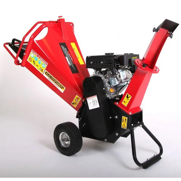 MOTOR ELÉCTRICO – Trituradora de ramas de gasolina OHV de 7 CV – Diámetro máximo: 100 mm – 2 cuchillas giratorias – Ruedas neumáticas – Conforme a la normativa CE